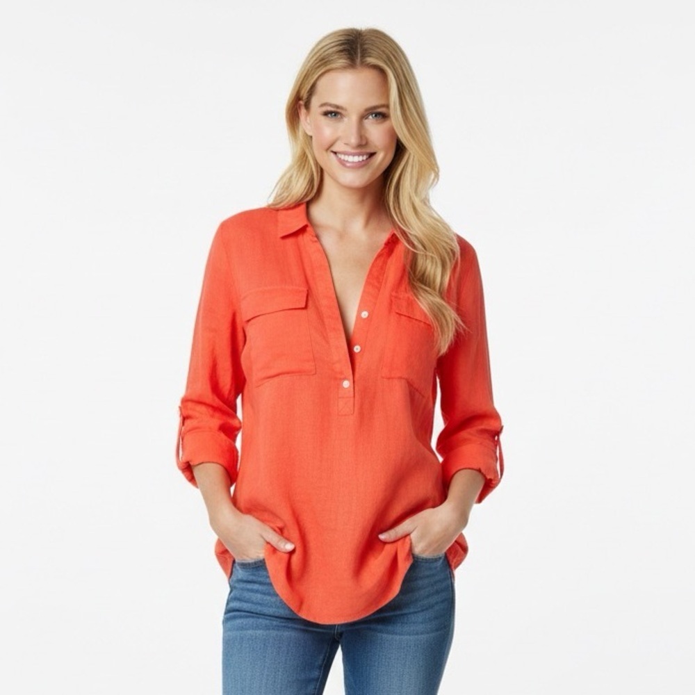 Old Navy Women's Orange Button-Down Shirt linen fabric size large